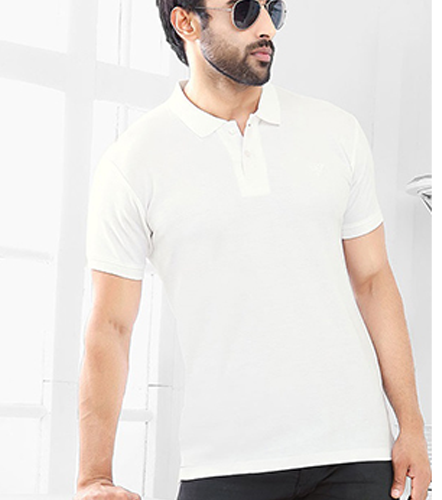 White Solid Men Collar Knitted Cotton TShirt