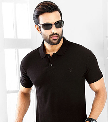 Black Solid Men Collar Knitted Cotton TShirt