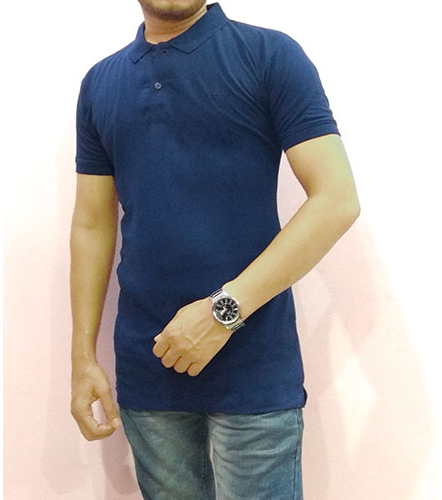Navy Blue Solid Men Collar Knitted Cotton TShirt