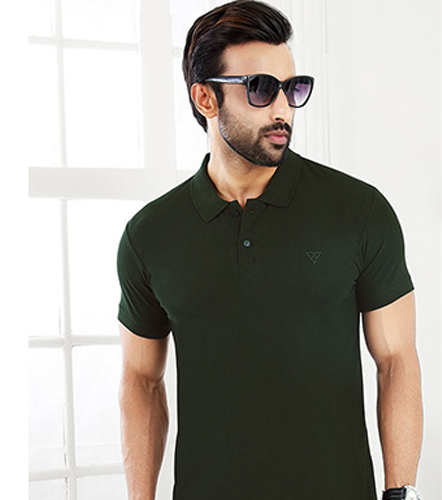Olive Green Solid Men Collar Knitted Cotton TShirt