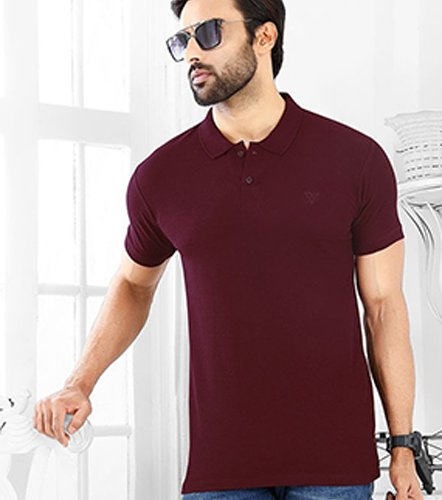 Solid Men Collar Knitted Cotton Maroon TShirt