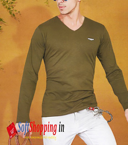 Olive Green V-Shape Plane Cotton Men TShirt