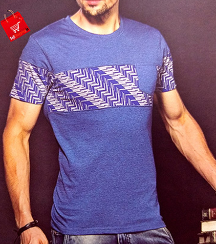 Blue Round Solid Cotton Men T-shirt