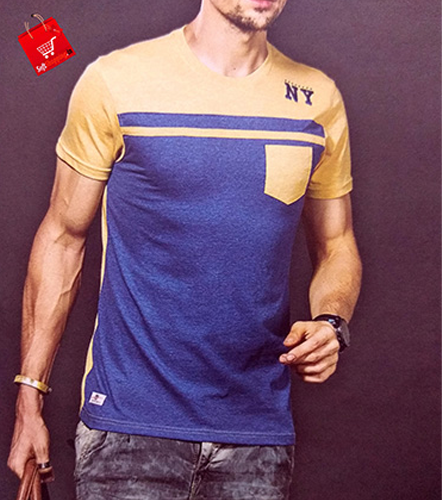 Blue and Yellow Round Solid Cotton Men T-shirt
