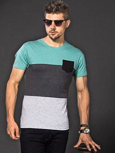 Black and Green Round Solid Cotton Men T-shirt