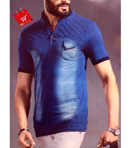 Blue Short Collar Solid Denim Blend Men T-shirt