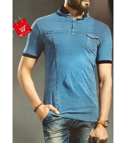 Blue Short Collar Solid Denim Blend Men T-shirt