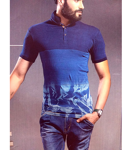 Blue Short Collar Solid Denim Blend Men T-shirt