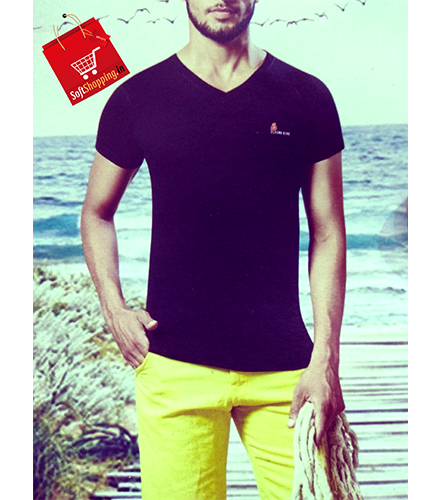 Black V-Shape Plain Cotton Men T-shirt