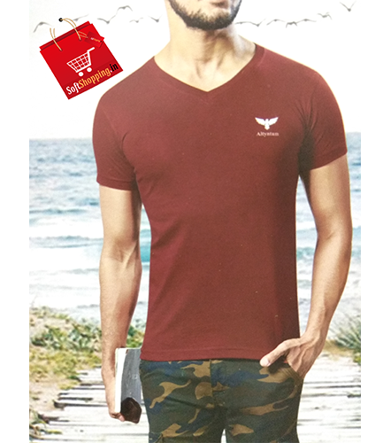 Maroon V-Shape Plain Cotton Men T-shirt