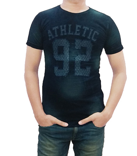 Blue Round Solid Denim Blend Men T-shirt