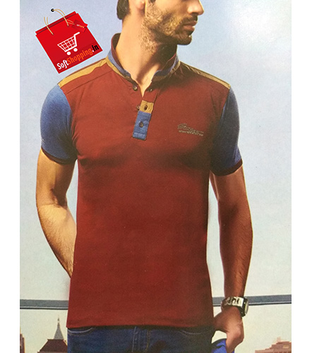 Dark Red Short Collar Solid Cotton Men T-shirt