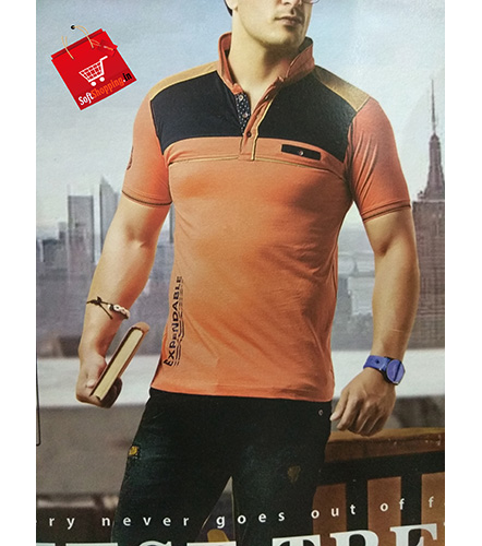 Orange Short Collar Solid Cotton Men T-shirt